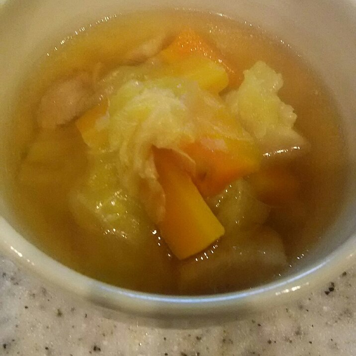 根菜と鶏胸肉のコンソメスープ